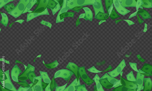 Dollar banknote fall vector frame, throw green paper bills fly, realistic money cash, American currency explosion