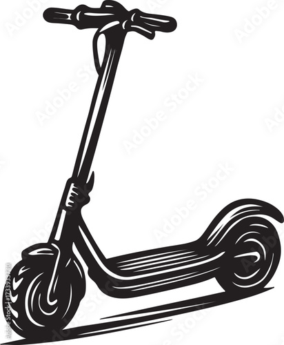 Black and white illustration of a modern electric scooter with handlebars and wheels on a white background
