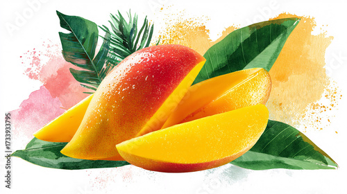 Vibrant ripe mangoes with tropical leaves, watercolor splash, healthy fruit, summer food concept.