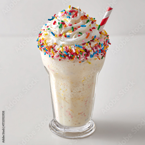 Delicious vanilla milkshake with whipped cream and colorful sprinkles, sweet treat indulgence, studio shot.