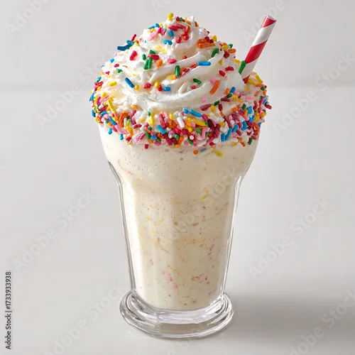 Obraz  z motywem Delicious vanilla milkshake with whipped cream and colorful sprinkles, sweet treat indulgence, studio shot.
