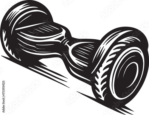Black and white woodcut illustration of a self balancing electric scooter moving forward with motion lines