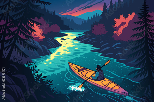 Glowing Kayak Neon River Bold Travel Creative Visual Suitable for Design