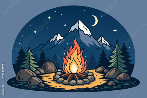 Glowing Mountain Campfire Bold Travel Adv Creative Visual Suitable for Design