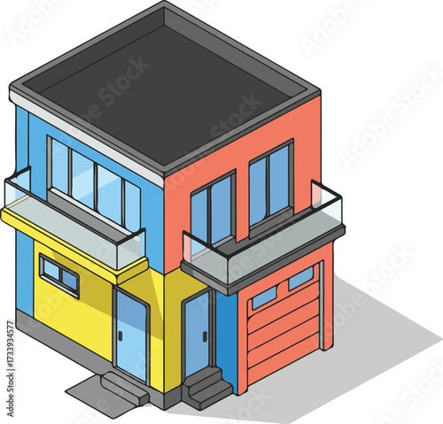 Isometric 3D illustration of a modern colorful house with a garage and balcony on a white background.