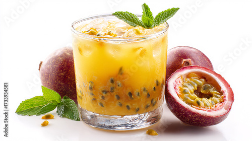 Refreshing passion fruit cocktail with mint and fresh fruit, vibrant summer beverage concept.