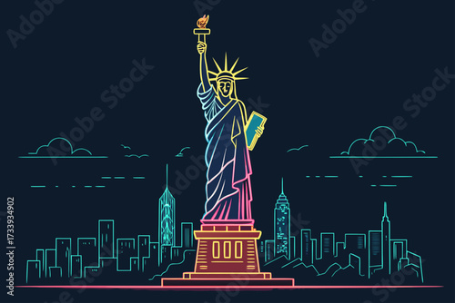 Depicting Glowing Statue Liberty Neon Bold Vec Dynamic High-Quality Stock Image