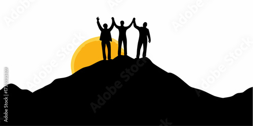 Team celebrating success, conquering goals, reaching new heights at sunset, symbolizing teamwork, leadership, achievement, and motivation in business