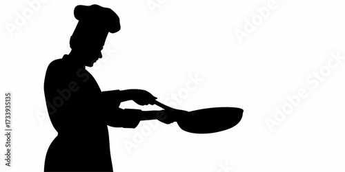 Silhouette of skilled chef preparing delicious meal in frying pan, perfect for restaurant promotion or culinary blog, simple yet elegant design, cooking passion