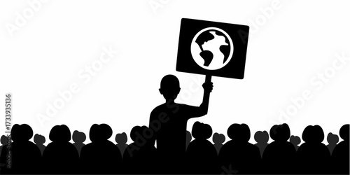 Passionate crowd advocates for a sustainable future, holding signs with Earth symbol, demonstrating unity and commitment to environmentalism and global awareness