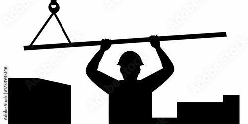 Silhouette of construction worker lifting heavy beam with crane, symbolizing labor, industry, and infrastructure projects, vector art for construction industry