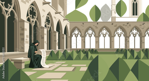 A solitary monk in a cloister garden engrossed in reading a lengthy scroll illustrating peaceful