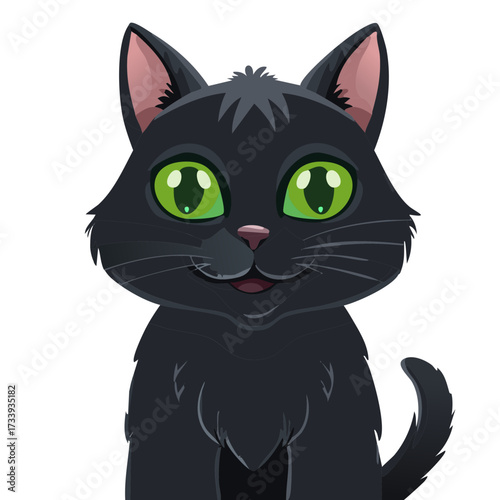 Cartoon Black Cat with Green Eyes and a Friendly Expression