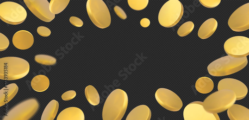 3D golden coin falling vector frame, currency cent, money cash explosion, bank, business finance symbol, game award