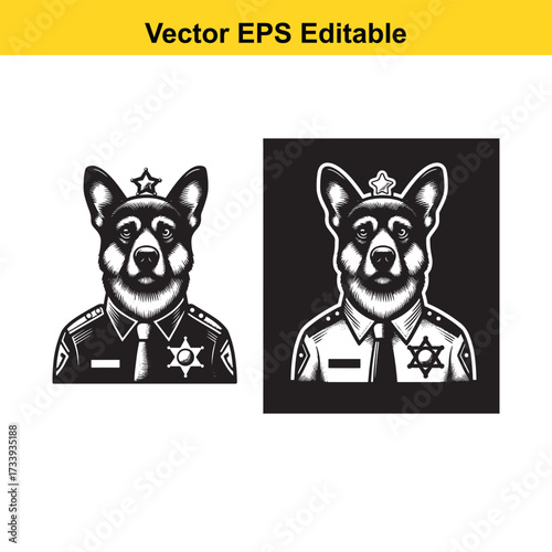 Police dog wearing uniform and badge, isolated on white background
