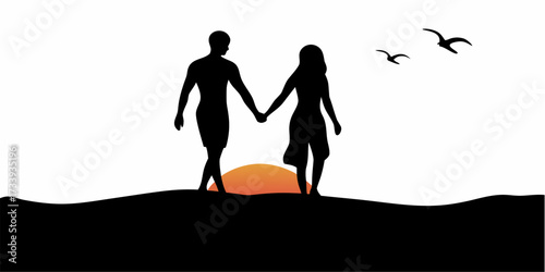 Romantic couple walking hand in hand on a beach at sunset with birds flying overhead creating a serene and picturesque scene