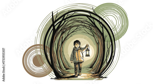 A solitary journey through a stylized forest with a young boy holding a lantern offering a sense