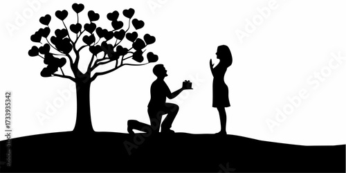 Romantic proposal under a heart-shaped tree, a man on one knee offers a gift to his surprised beloved, capturing everlasting love and commitment.
