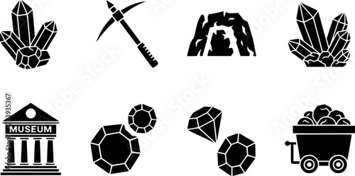 Mining and minerals icon set: crystals, pickaxe, cave, museum, gems, cart in flat silhouette