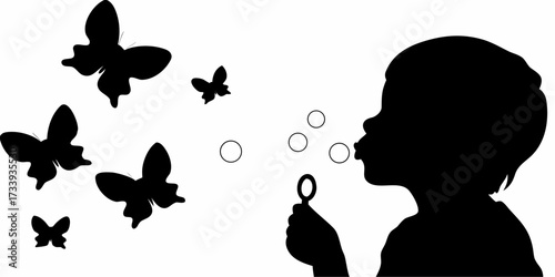 Joyful child blowing bubbles, enchanting butterflies flutter around, capturing pure childhood wonder and playful imagination in a whimsical scene.