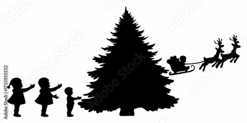 Children eagerly await Santa's sleigh flying over a festive Christmas tree, bringing holiday magic and joy for a memorable season