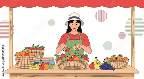 A vibrant farmers market stall with a seller surrounded by baskets of fresh fruits, creating a