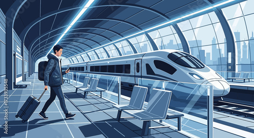 A traveler with luggage at a modern train station waiting for the express train arrival for travel
