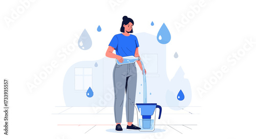A woman filters water using a filter jug concept of domestic water purification for safe drinking