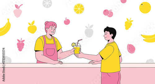 A vibrant illustration of a smoothie transaction showcasing fresh fruits and happy interactions