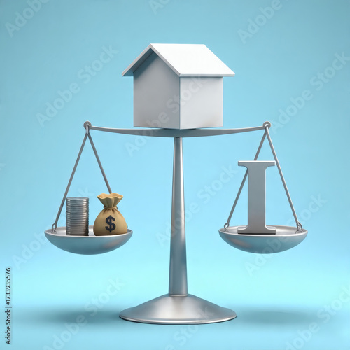 Three Dimensional Illustration Of A Scale With A Small White House On Top Balancing A Stack Of Coins And A Money Bag On The Left Against A Large Silver Roman Numeral 'i' On The Right