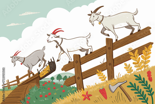 Beautiful Goats Climbing Wooden Fence Bold Farm Premium Digital Asset