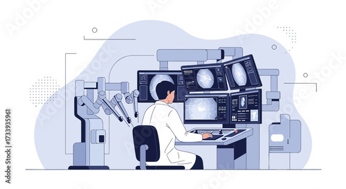 Advanced medical technology illustration featuring robotic surgery system and doctor