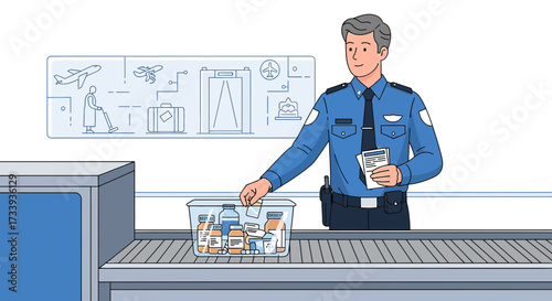 Airport security officer inspecting items on conveyor belt in an airport setting