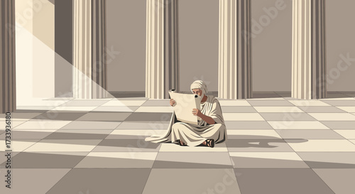 An ancient greek scholar reads a scroll sitting in the courtyard of the temple illustration