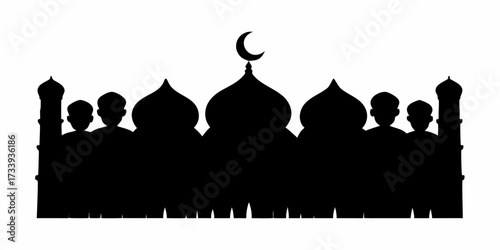 Elegant mosque silhouette with crescent moon and figures, evoking faith, community, and spiritual gatherings for Islamic celebrations and cultural events