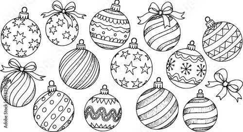 Hand drawn set of christmas balls doodle. New Year decoration in sketch style.
