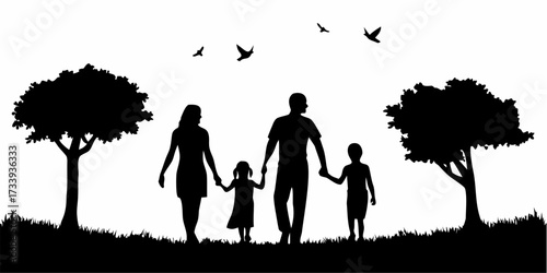 Joyful family walking together holding hands amidst nature with birds soaring overhead, symbolizing unity and happiness.