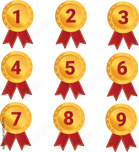 Big Set of Gold Award Medals with Numbers One to Nine