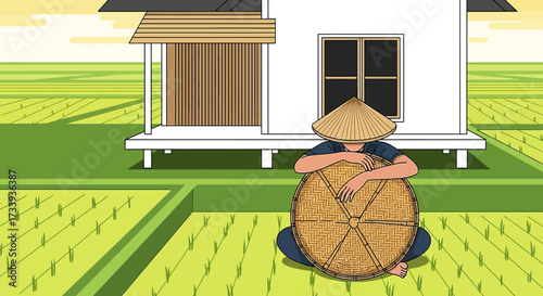An illustration of a rice farmer resting with a traditional hat in the rice field landscape art