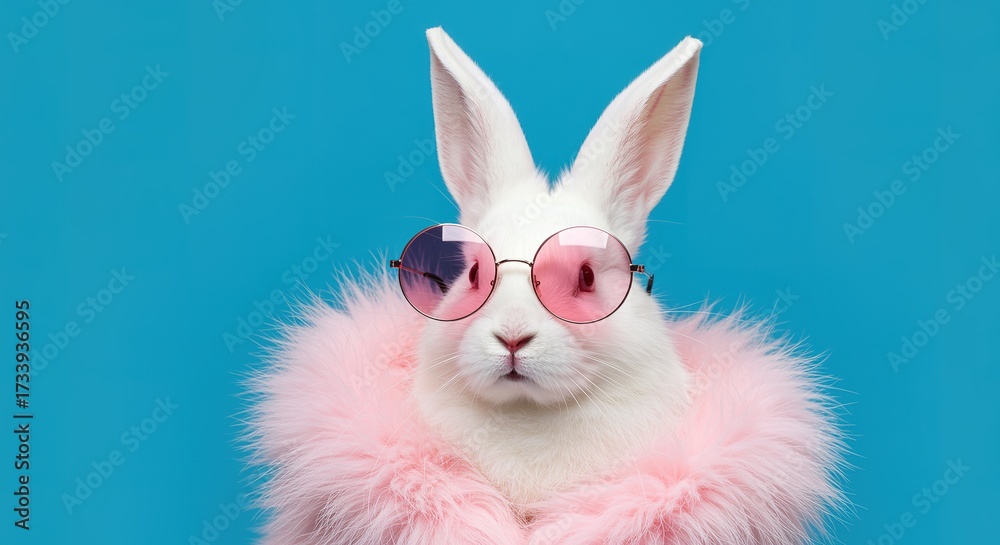 Obraz premium Stylish White Rabbit with Pink Glasses and Fur Collar bunny animal pet cute sunglasses fashion style portrait blue background mammal