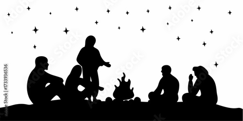 Group of diverse people sharing stories and laughter around a warm campfire under a starry night sky, creating cherished memories together.