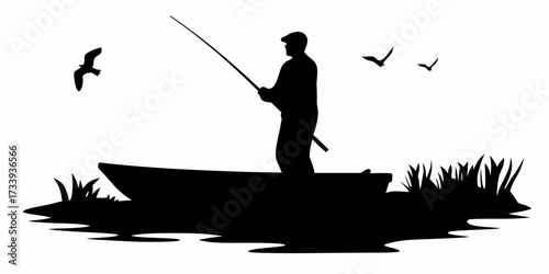 Serene moment of solitary fisherman casting line from boat surrounded by nature's calm, birds soaring gracefully overhead