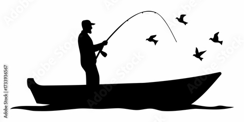 Confident angler casts line from boat surrounded by soaring birds, capturing serene moment of outdoor adventure and peaceful solitude