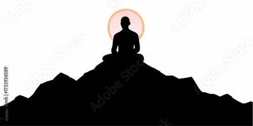 Serene silhouette meditating atop majestic mountain peak under gentle sunrise glow, symbolizing peace and enlightenment for mindful living