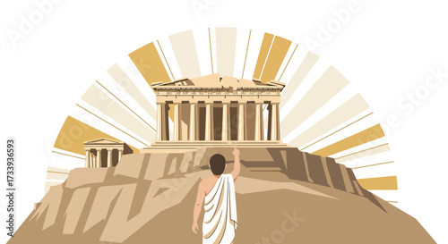 Ancient Greece Parthenon Illustration with Man and Rays of Light Vector Design