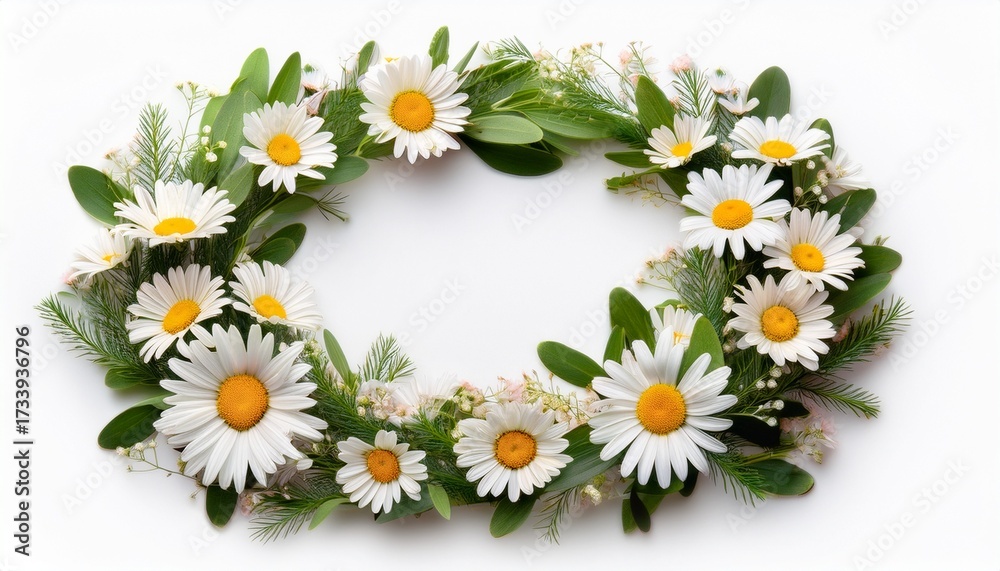 Obraz premium Square Floral Wreath With Daisies And Green Leaves Isolated On Transparent Background