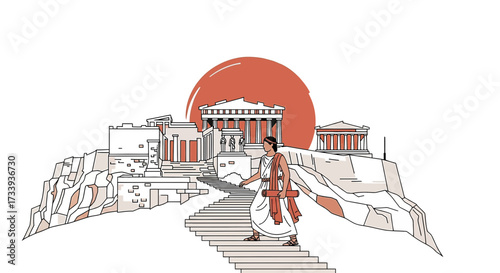 Ancient Greek Scholar Ascending Acropolis Stairs with Parthenon and Sunset in Background