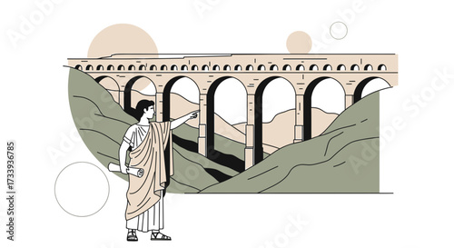 Ancient Roman Engineer Presenting Aqueduct Design with Artistic Render Style of Architecture