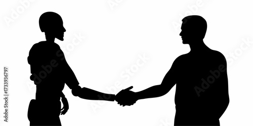Human and robot shake hands symbolizing cooperation and future technology integration, a powerful partnership for innovation and progress.
