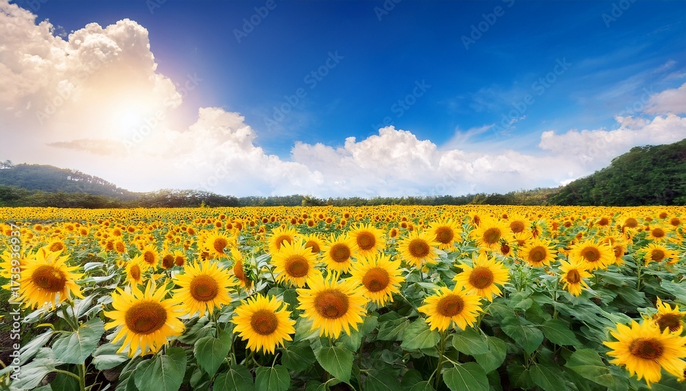 Obraz premium Beautiful Sunflower Flower Blooming In Sunflowers Field With White Cloudy And Blue Sky
